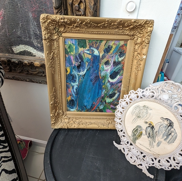 Oil on canvas peacock painting by Hunt Slonem.  11" x 14".  Painted 2011. - Picture 8 of 15